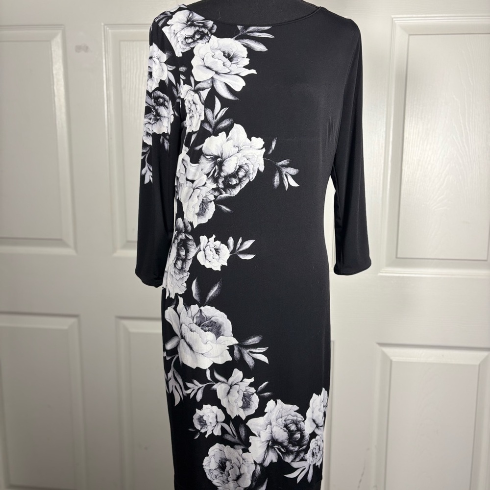 White House Black Market Asymmetrical Black Dress with White Floral Design - Picture 2 of 13